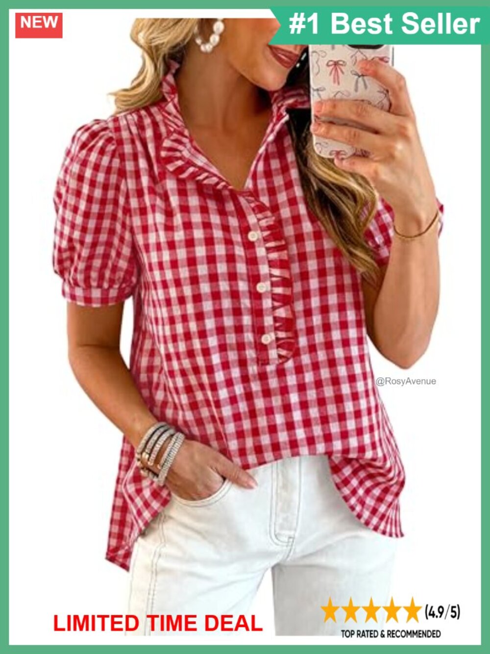 Puff Sleeve Striped Plaid Button Down Blouse Ruffle Collar Short Sleeve